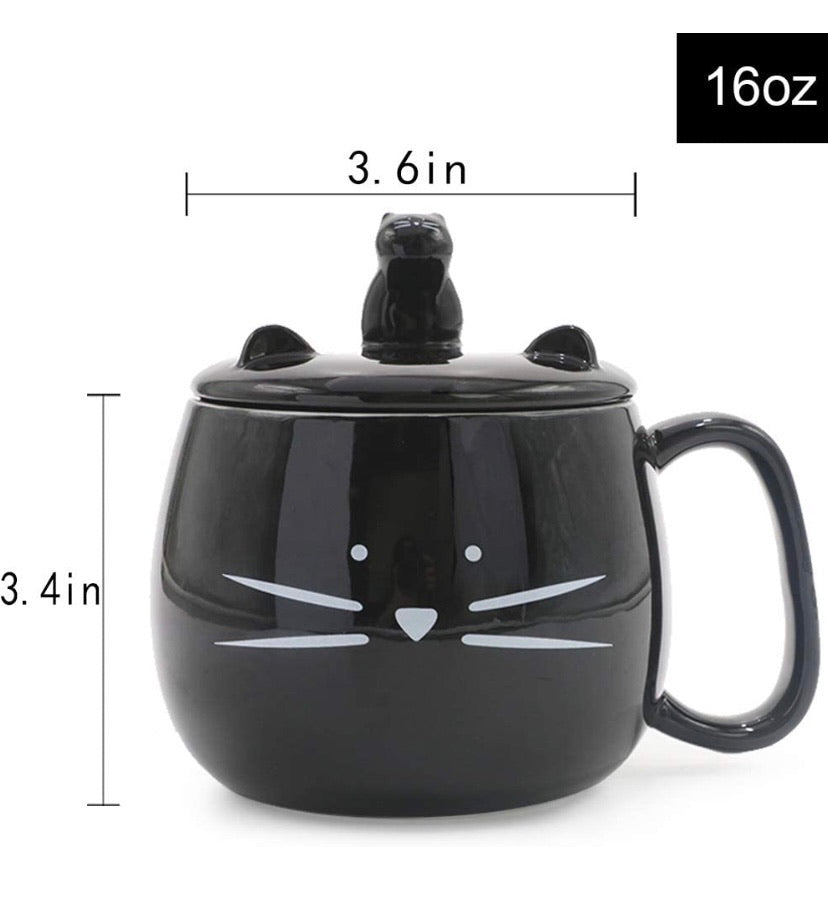 Cute Cat Coffee Mug with Cell Phone Holder Lid for Cat Lover Unique Ceramic Black Mugs Tea Cup Women