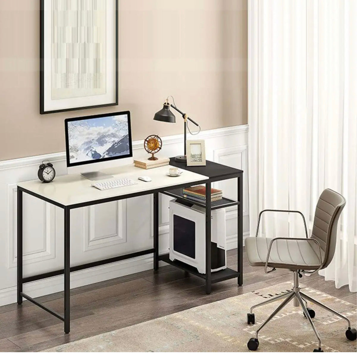 Computer Desk with 2-Tier Shelves – White & Black