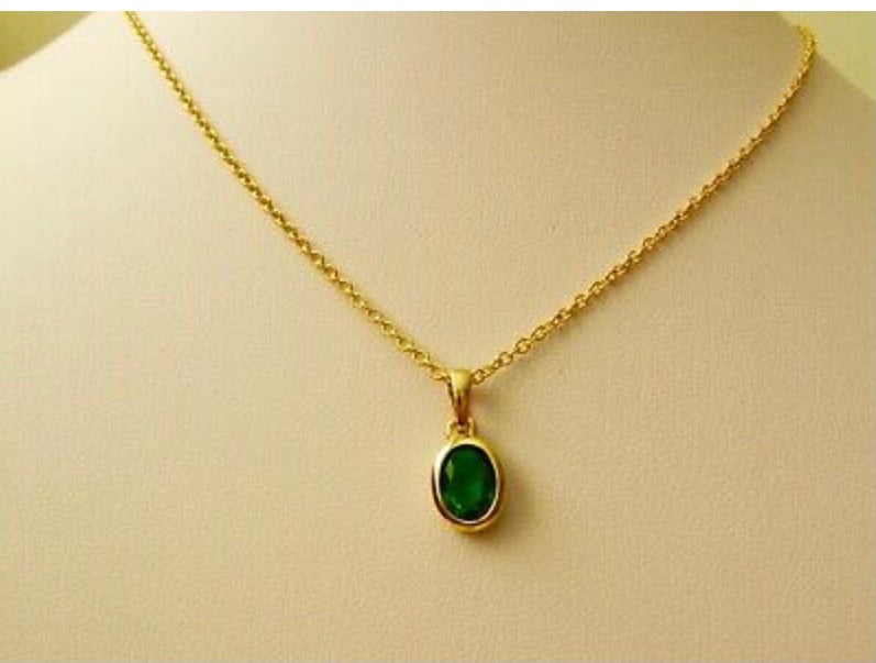 Solid 9ct Yellow Gold Oval Created Emerald Pendant
