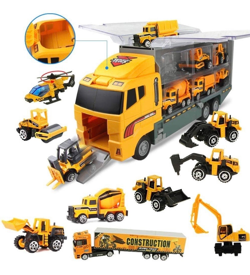 Coolplay 11 in 1 Die-cast Construction Vehicle Mini Engineering Truck Toy Set in Carrier Truck Play set for Boys, Mini Dumper, Bulldozers, Forklift, Tank Truck, Asphalt Car and Excavator for Kids