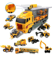 Coolplay 11 in 1 Die-cast Construction Vehicle Mini Engineering Truck Toy Set in Carrier Truck Play set for Boys, Mini Dumper, Bulldozers, Forklift, Tank Truck, Asphalt Car and Excavator for Kids