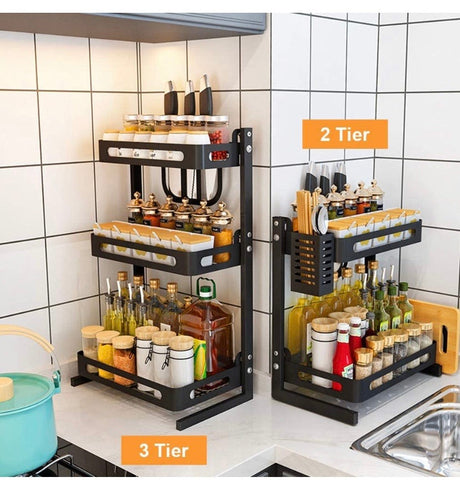 Countertop Spice Rack Set, Stainless Steel Kitchen Cabinet Shelf Organizer, Easy Removable Storage Rack with Knife Holder, Cutting Board Holder and Cutlery Holder, Matte Black (3 Tier)