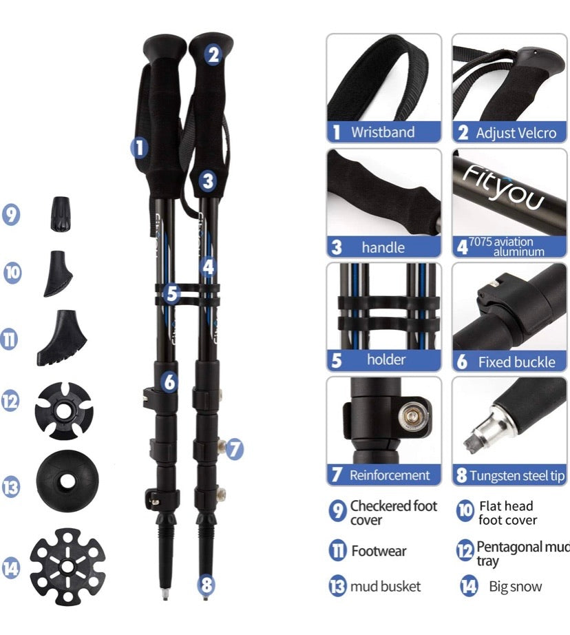 Walking Trekking Poles - 2 Pack Aluminum Metal Stick with Antishock and Quick Lock System, Adjustable, Ultralight for Hiking, Camping, Mountaining, Backpacking, Walking, Ergonomic Grip