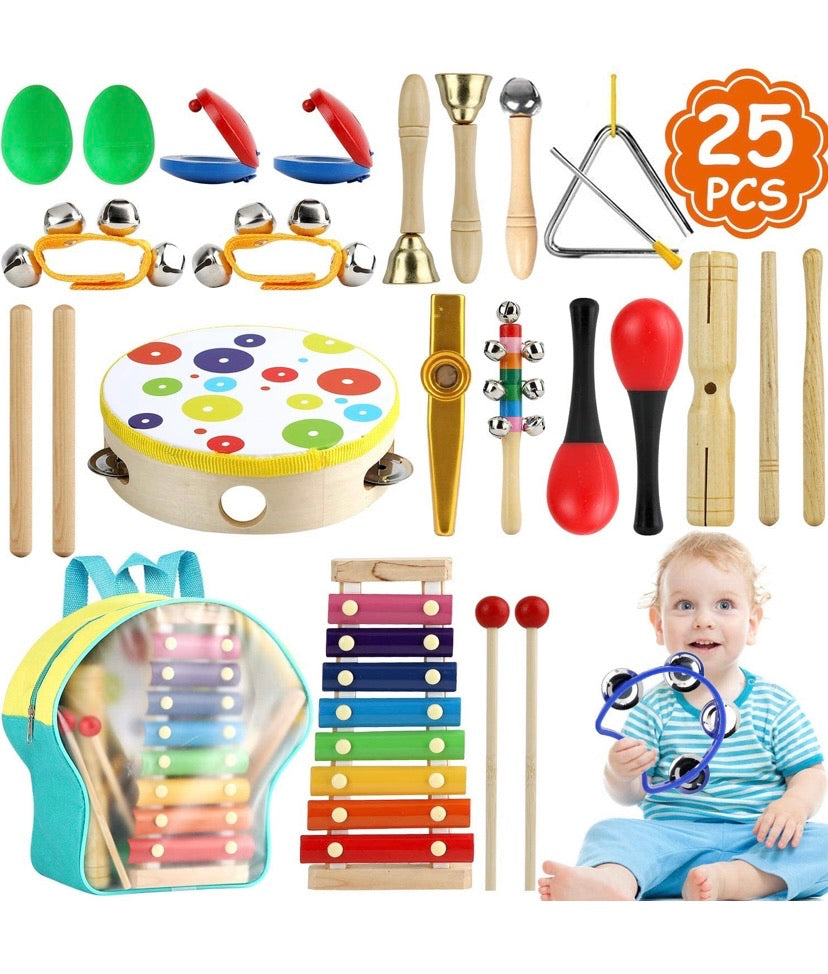 Musical Percussion Instruments, Tobeape 25 PCS Wooden Percussion Instruments Toys for Baby Kids Preschool Education, Early Learning Rhythm Instruments for Toys Girls Boys Gift with Storage Backpack