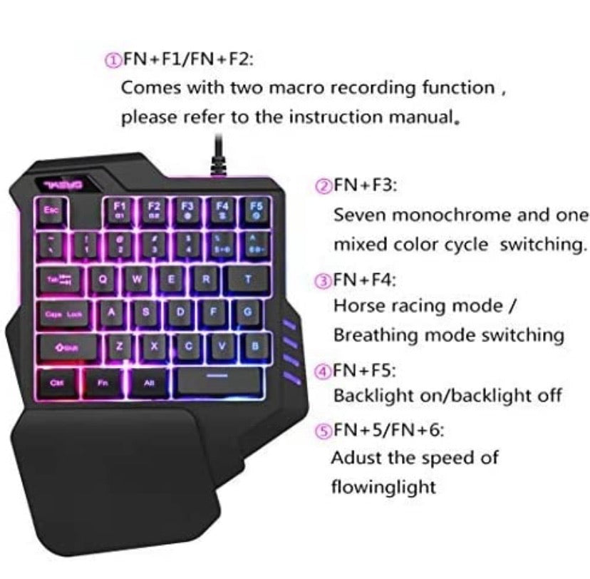 RGB Backlit Wired Gaming One Hand Keyboard