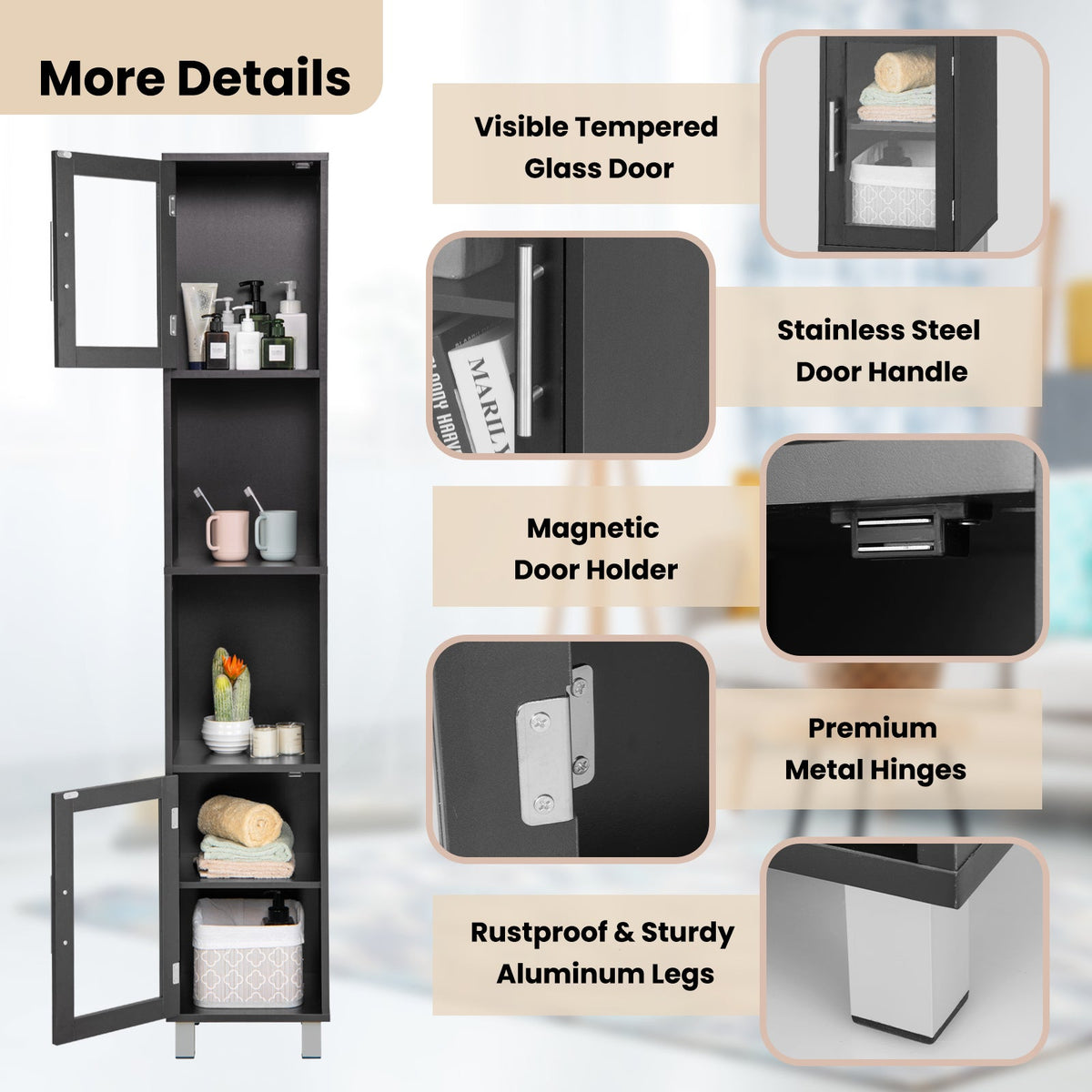 180 cm Five-Tier Tall Storage Cabinet with Glass Doors