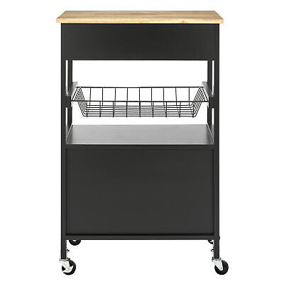 Black Rolling Kitchen Storage Trolley with Drawer & Basket