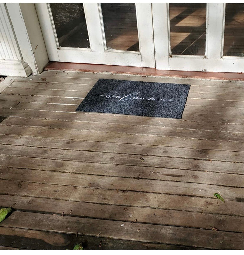 Grey Welcome Entrance Mat with Rubber Backing – 18 × 28in