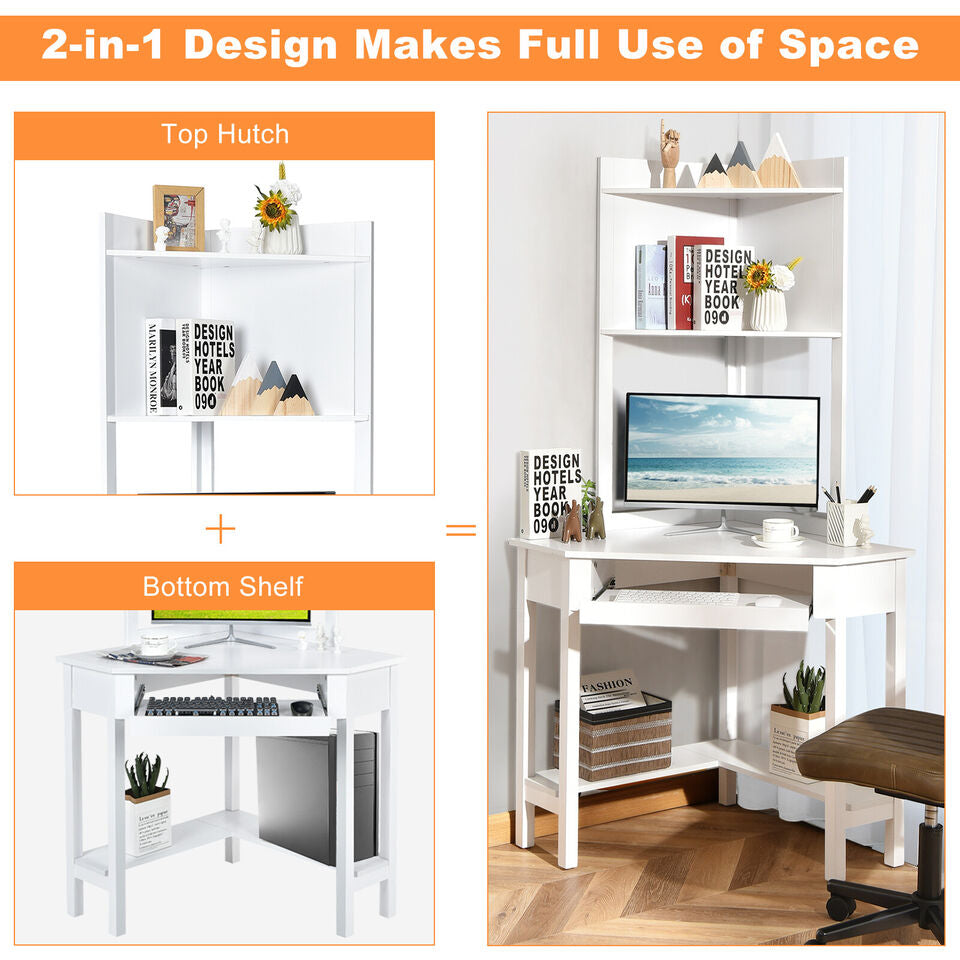 White Corner Computer Desk with Hutch & Keyboard Tray