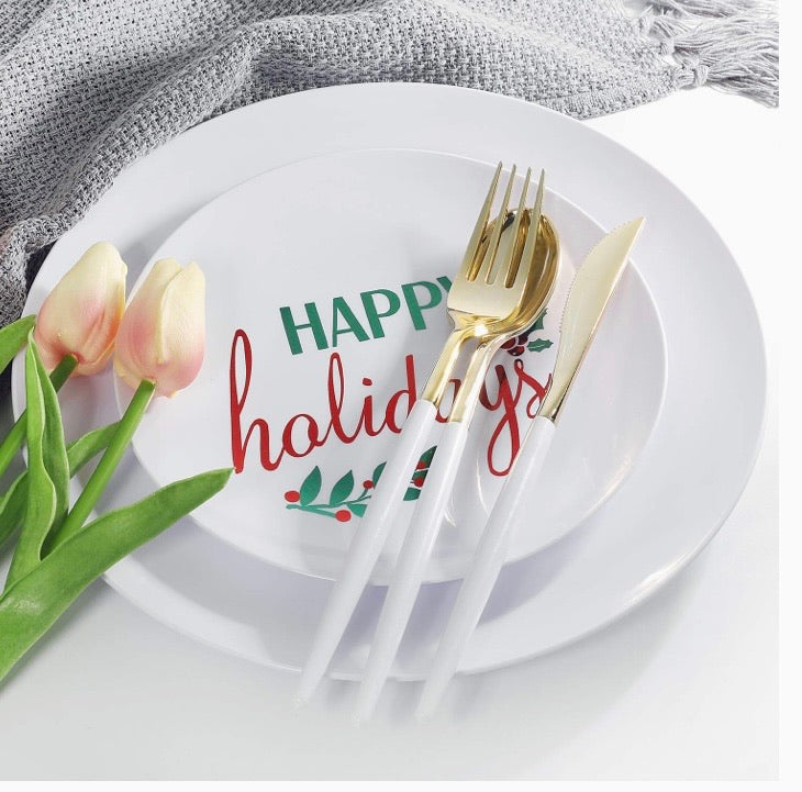 150pcs Plastic Party Dinnerware Set, Happy Holiday Plates，Plastic Plates with Christmas Design，Gold Cutlery with White handle，Supernal