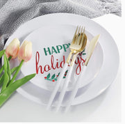 150pcs Plastic Party Dinnerware Set, Happy Holiday Plates，Plastic Plates with Christmas Design，Gold Cutlery with White handle，Supernal
