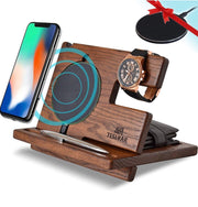 Wood Phone Docking Station Ash Key Holder Wallet Stand Watch Organizer Men Gift Husband Wireless Charging Pad Slim Birthday Nightstand Purse Tablet Compatible with iPhone Samsung Plus All Qi Devices
