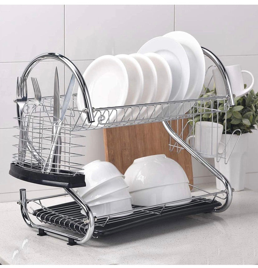 Dish Drying Rack Kitchen-2-Tier Cutlery Metal Draining Dish Drying Rack, with Drain Board