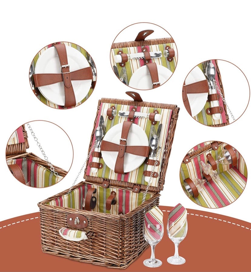 Picnic Basket for 2 Person, Durable Wicker Picnic Hamper Set, Willow Picnic Basket Accessories Plates and Utensils, Perfect Wedding, Anniversary or Birthday Gift (Green Stripe)
