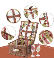 Picnic Basket for 2 Person, Durable Wicker Picnic Hamper Set, Willow Picnic Basket Accessories Plates and Utensils, Perfect Wedding, Anniversary or Birthday Gift (Green Stripe)