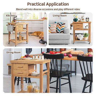 Bamboo Rolling Kitchen Island with 2 Drawers