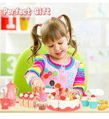 Pretend Play Food for Kids, DIY 82PCS Decorating and Cutting Birthday Party Cake, Tea Set,Candle,Fruits,Biscuits,Desserts,Educational Kitchen Toy with Lights&Sounds for Children,Girls&Boys,Aged 3+