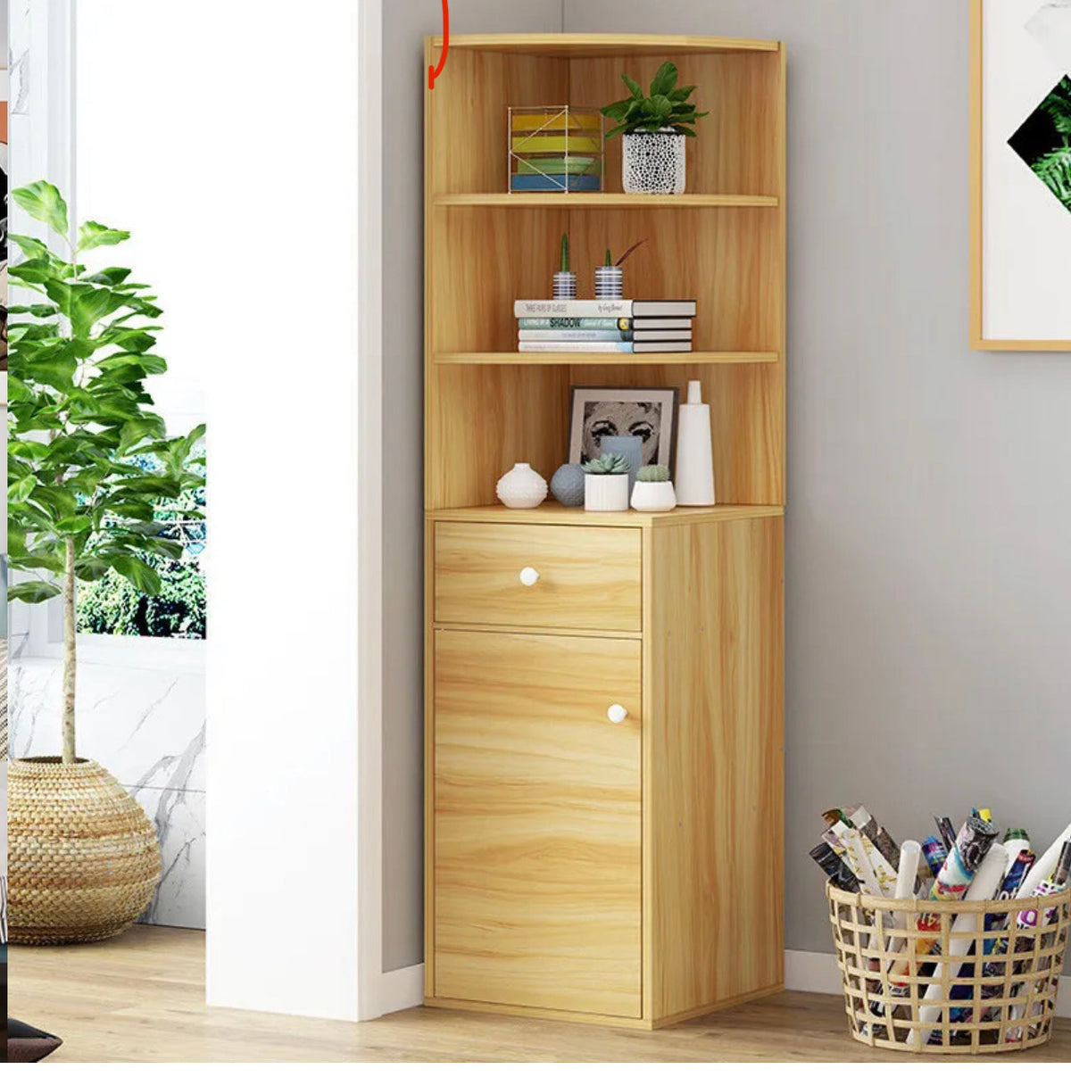 Corner Box Unit Vision Stylish Wooden Corner Shelf Unit with Cabinet & Drawer (Oak ...