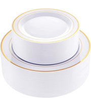 102 pcs Gold Plastic Plates, Disposable Party Plates, Gold Rimmed White Plates, Premium Heavyweight Plates for Wedding, Easter Include 51 Dinner Plates, 51 Dessert Plates, Supernal