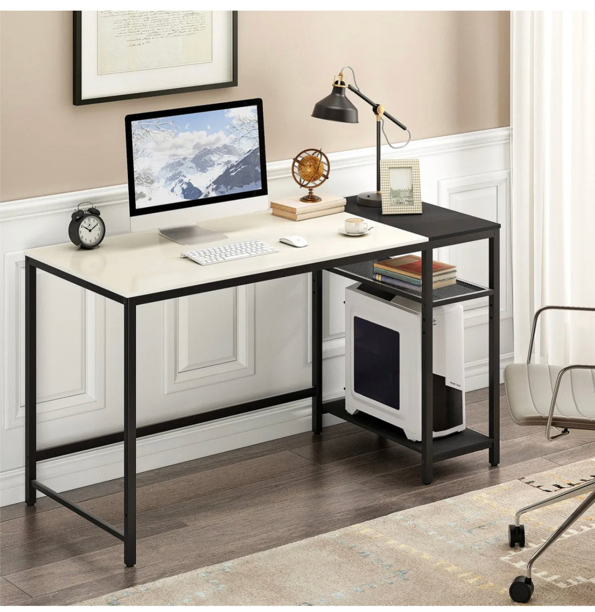 Computer Desk with 2-Tier Shelves – White & Black