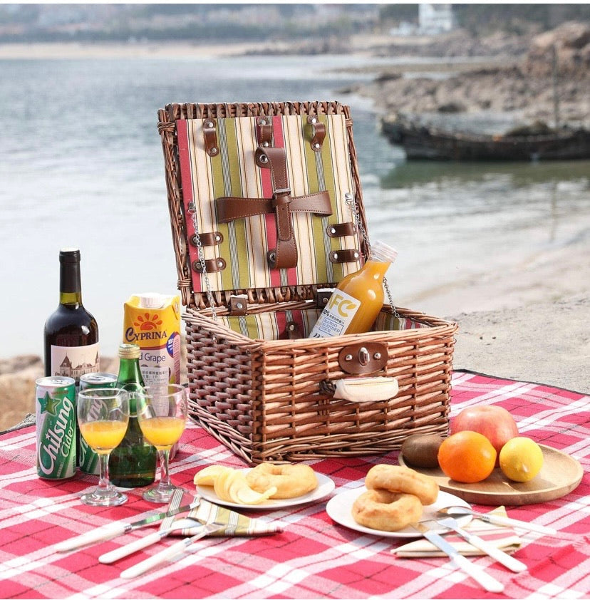 Picnic Basket for 2 Person, Durable Wicker Picnic Hamper Set, Willow Picnic Basket Accessories Plates and Utensils, Perfect Wedding, Anniversary or Birthday Gift (Green Stripe)