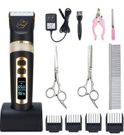 Professional Dog Grooming kit, 3 Speed Rechargeable Cordless Dog Clippers Low Noise Low Vibration, LED Screen Indicate Power/Lubricating/Cleaning