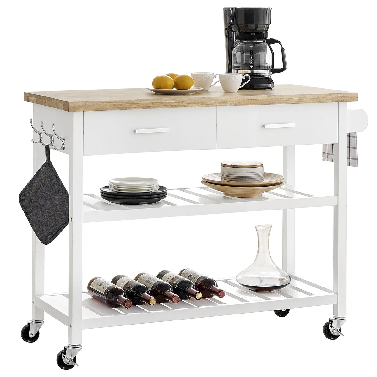 White Rolling Kitchen Island with 2 Drawers & Shelves