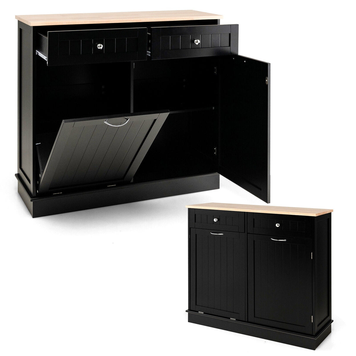 Tilt-Out Kitchen Bin Cabinet with Drawers & Rubberwood Top
