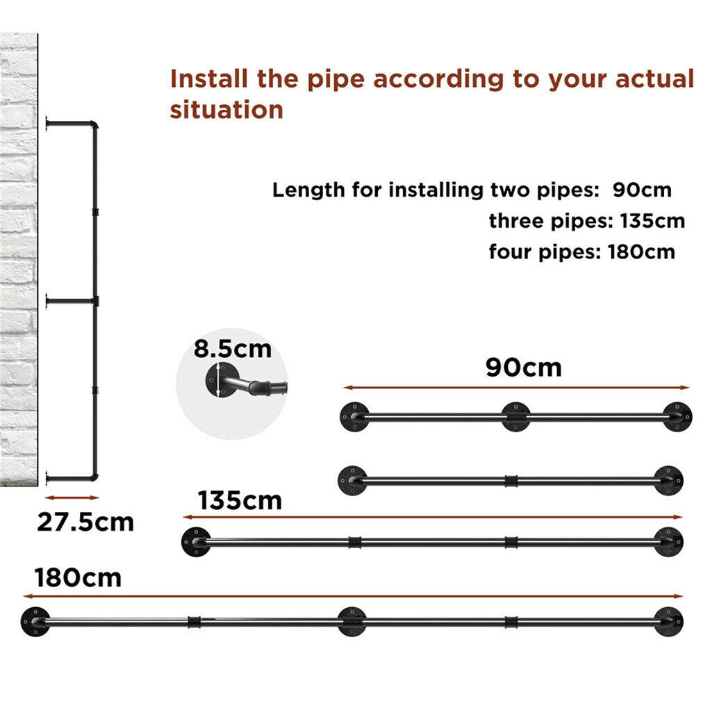 180cm Industrial Wall-Mounted Garment Rail with 3 Hooks
