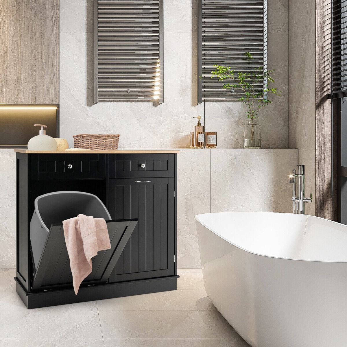 Tilt-Out Kitchen Bin Cabinet with Drawers & Rubberwood Top