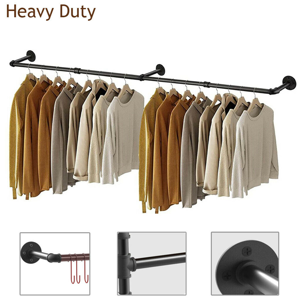 180cm Industrial Wall-Mounted Garment Rail with 3 Hooks