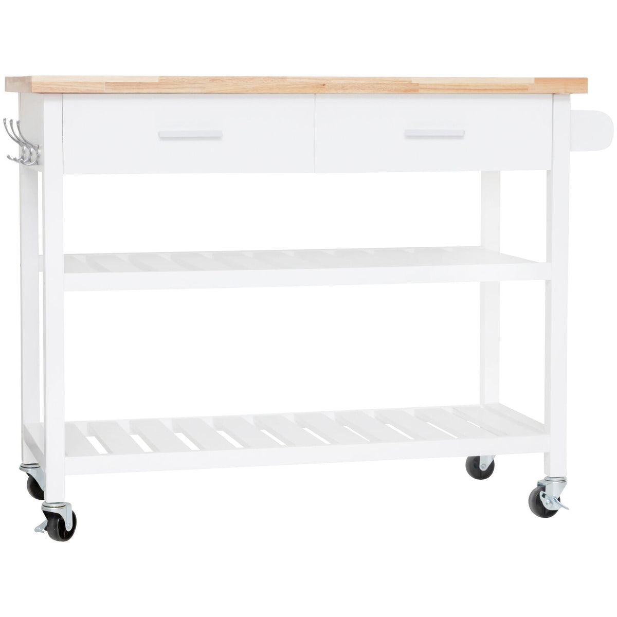 White Rolling Kitchen Island with 2 Drawers & Shelves