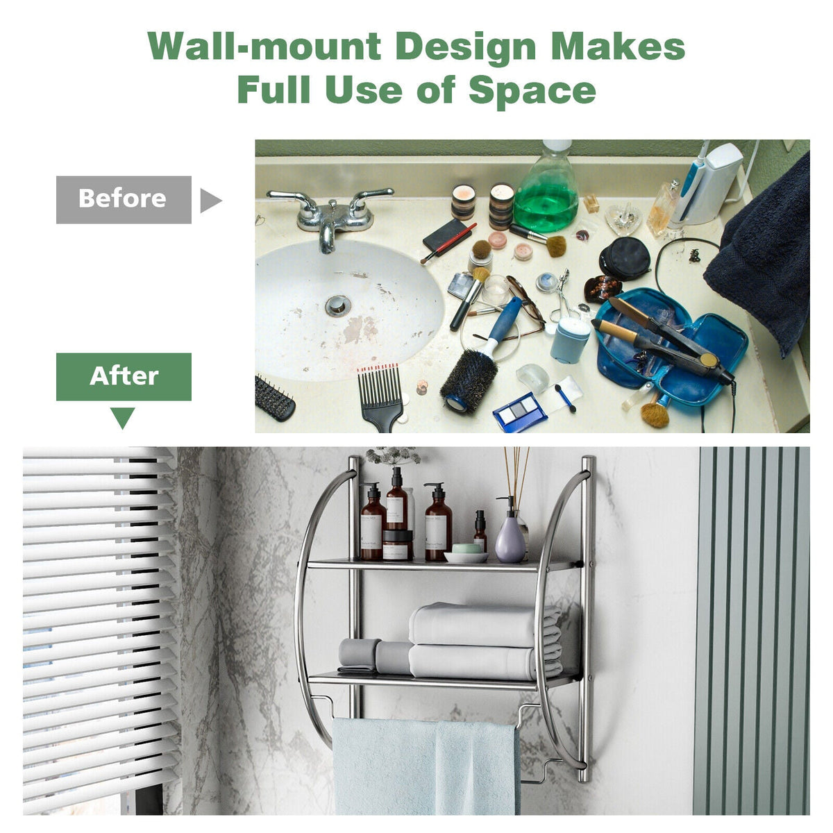 Wall-Mounted Two-Tier Towel Shelf with Twin Rails