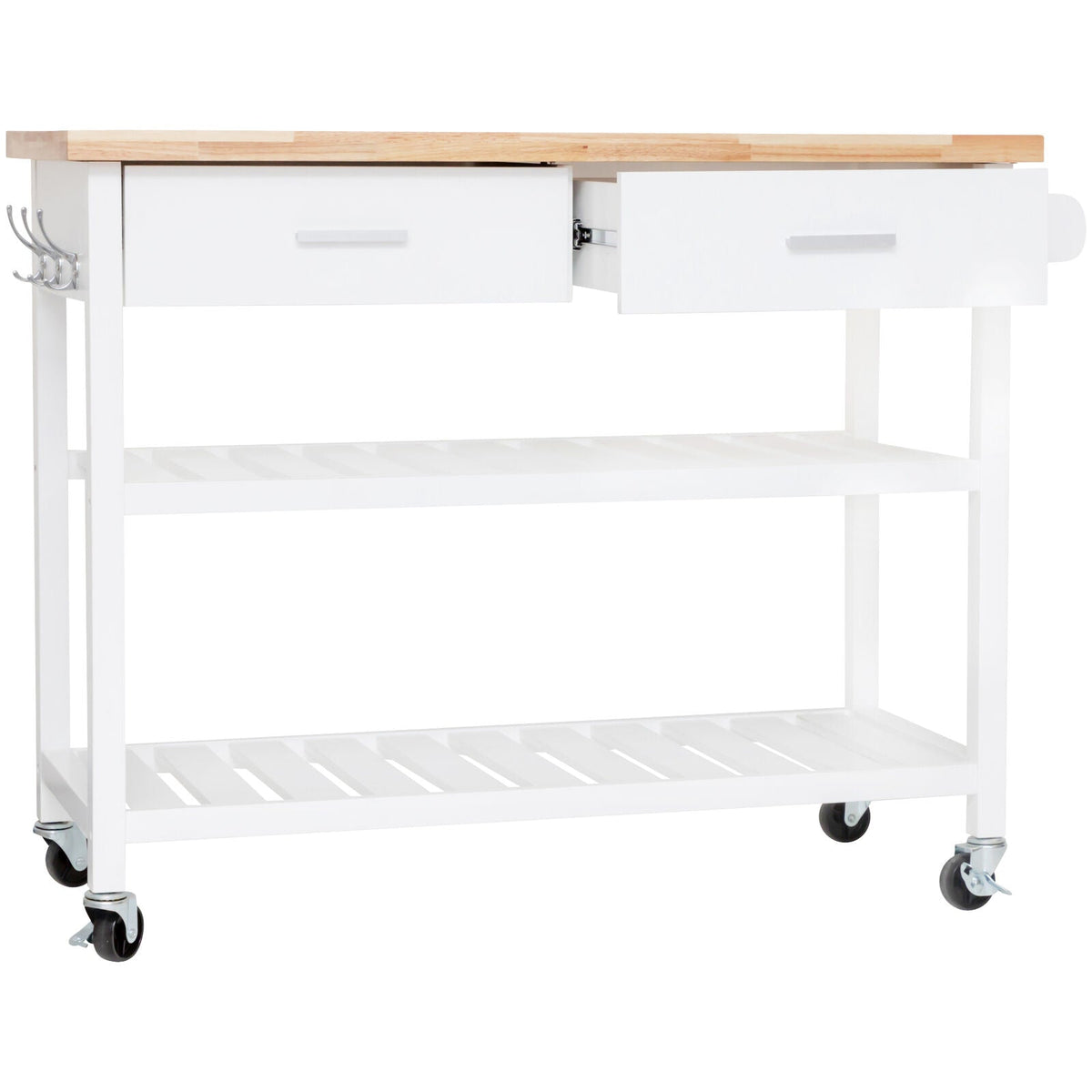 White Rolling Kitchen Island with 2 Drawers & Shelves