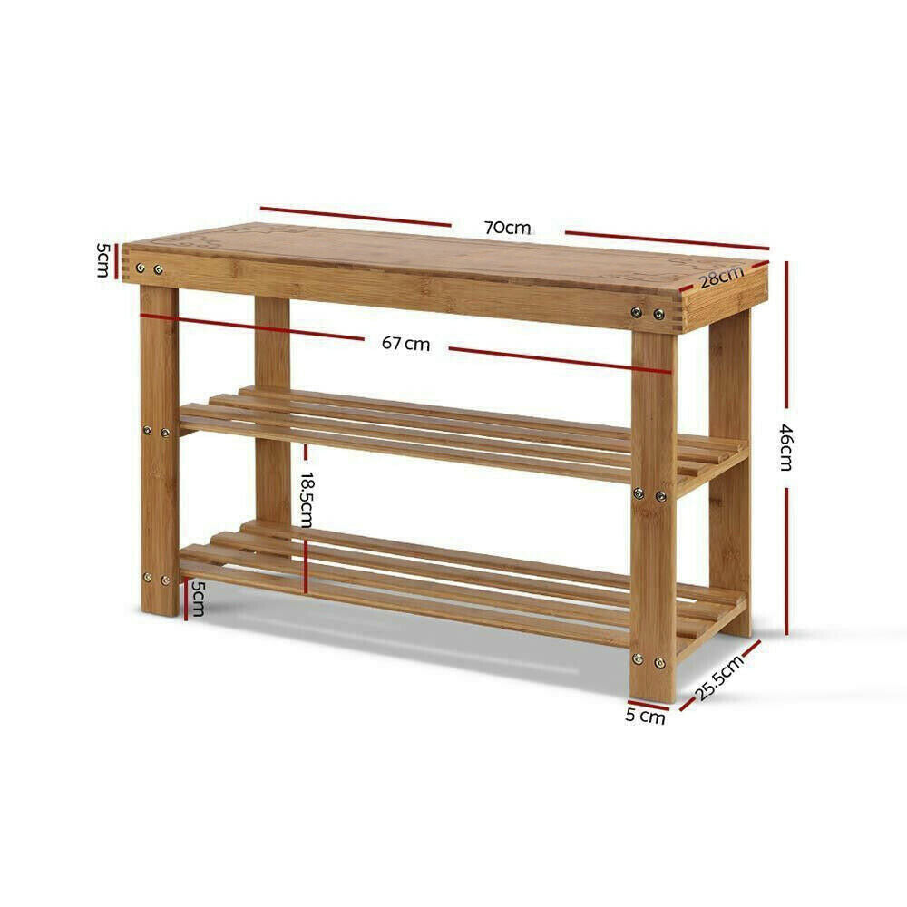 3-Tier Bamboo Shoe Rack Bench with Reinforced Crossbar