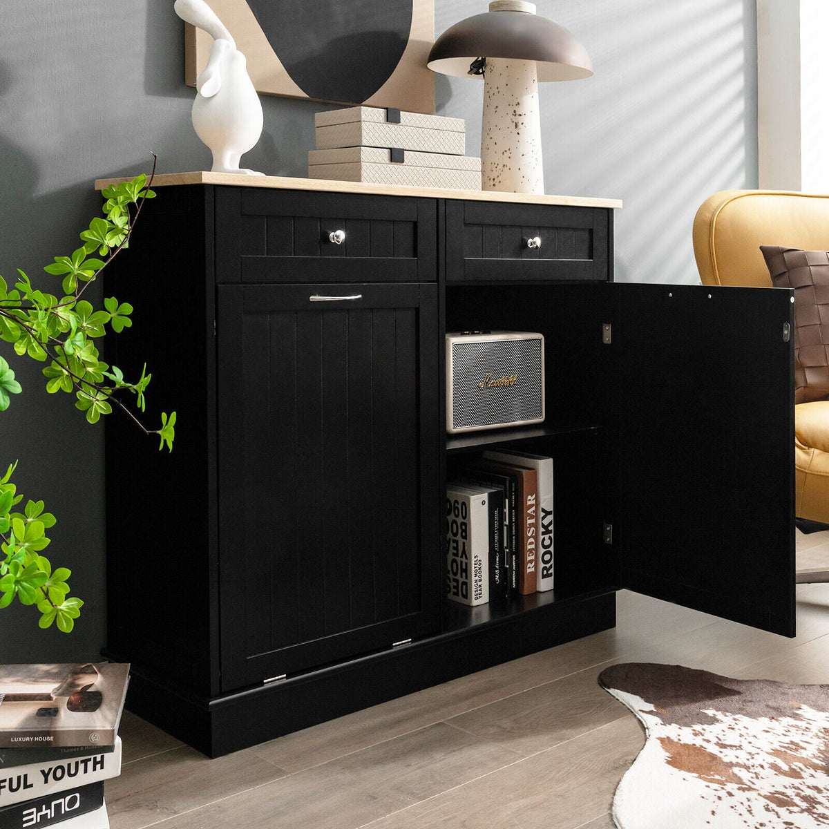 Tilt-Out Kitchen Bin Cabinet with Drawers & Rubberwood Top