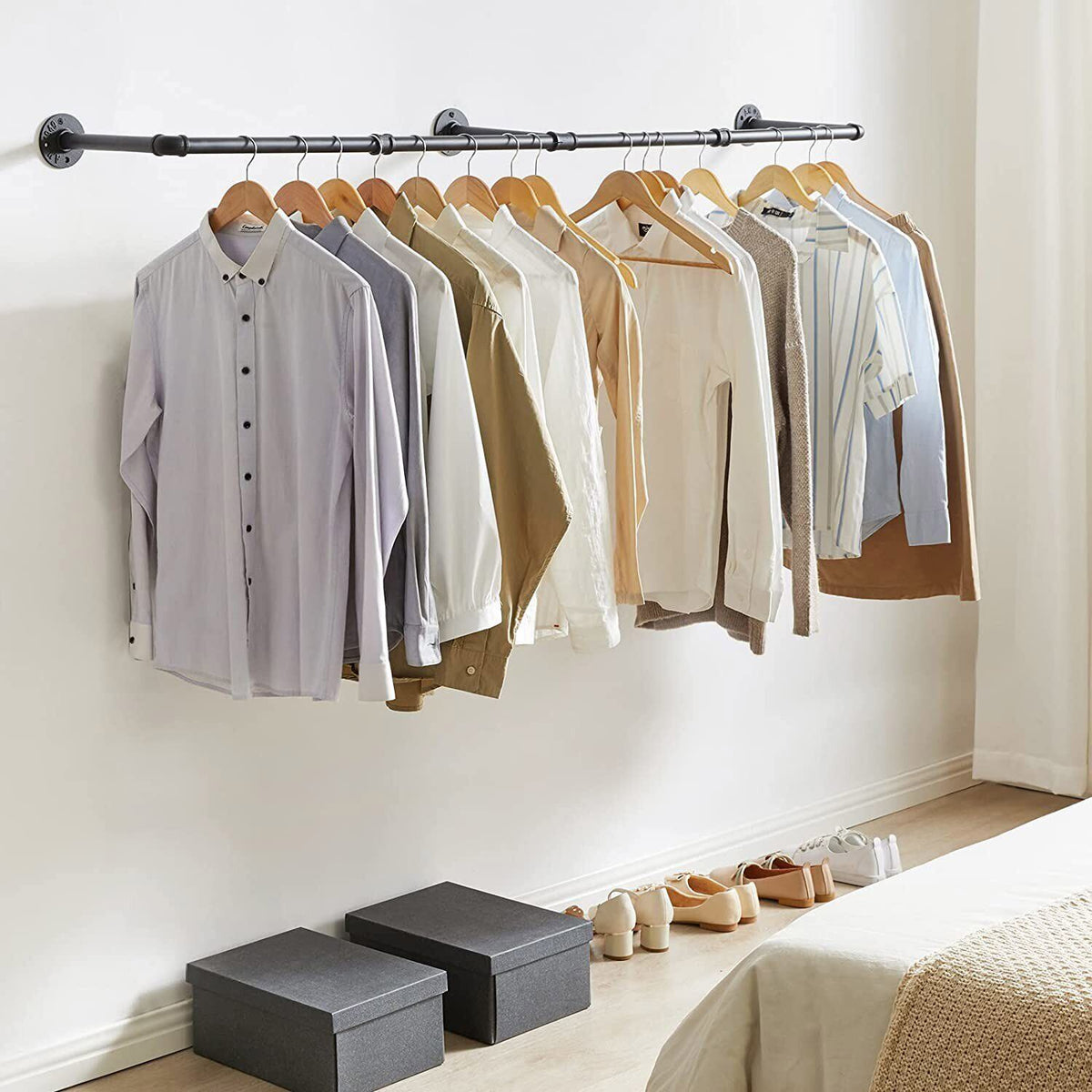 180cm Industrial Wall-Mounted Garment Rail with 3 Hooks