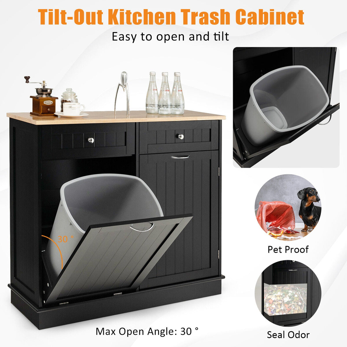Tilt-Out Kitchen Bin Cabinet with Drawers & Rubberwood Top