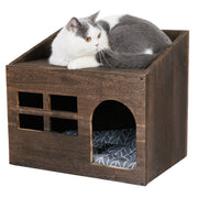 Rustic Wood Cat House Pet Dog Bed Shelf w/ Mat Sofa End Side Table Stand Storage
