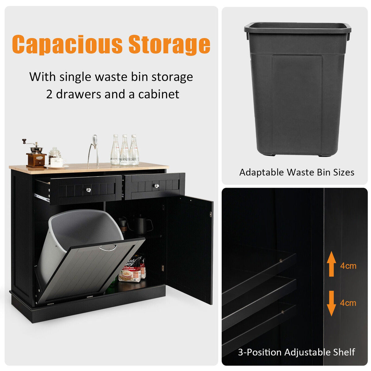 Tilt-Out Kitchen Bin Cabinet with Drawers & Rubberwood Top