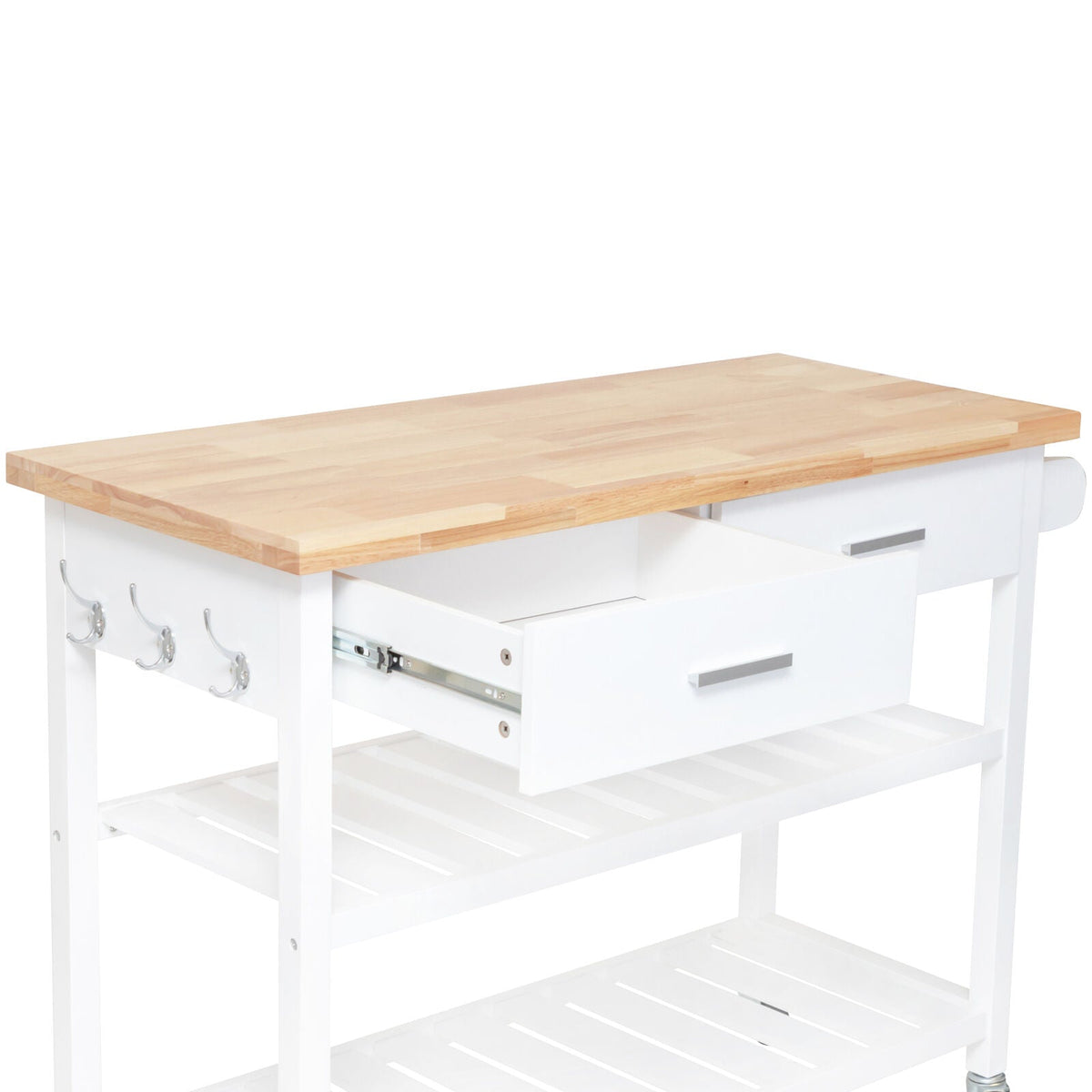 White Rolling Kitchen Island with 2 Drawers & Shelves