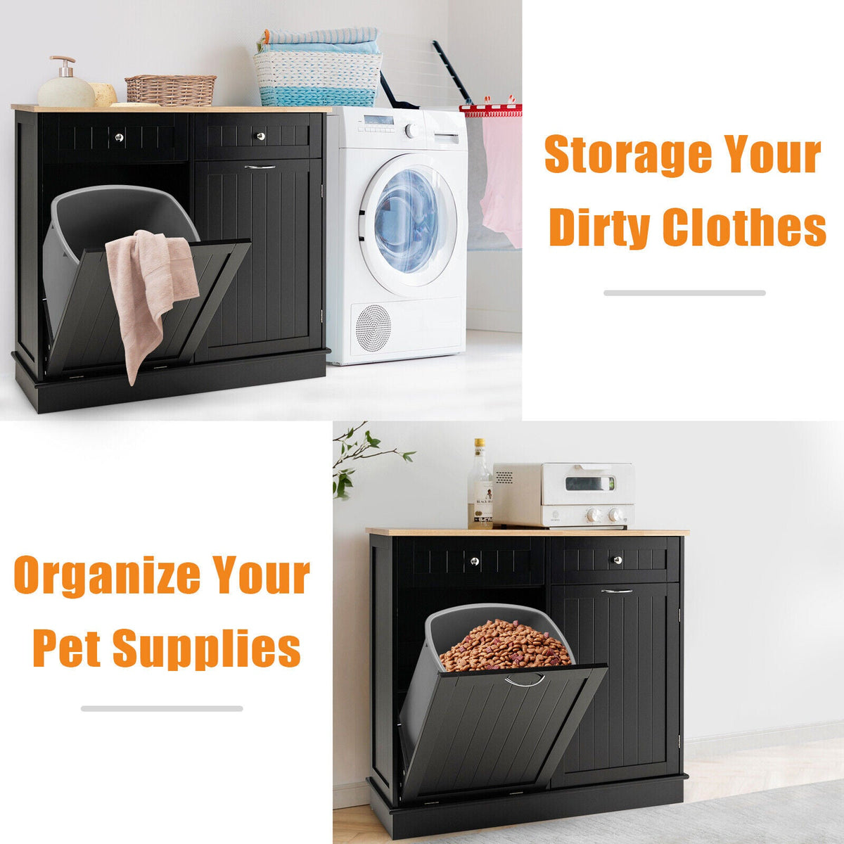 Tilt-Out Kitchen Bin Cabinet with Drawers & Rubberwood Top