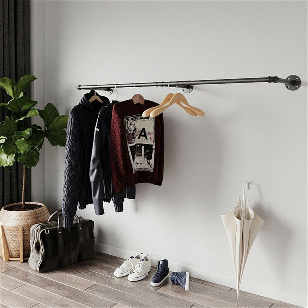 180cm Industrial Wall-Mounted Garment Rail with 3 Hooks