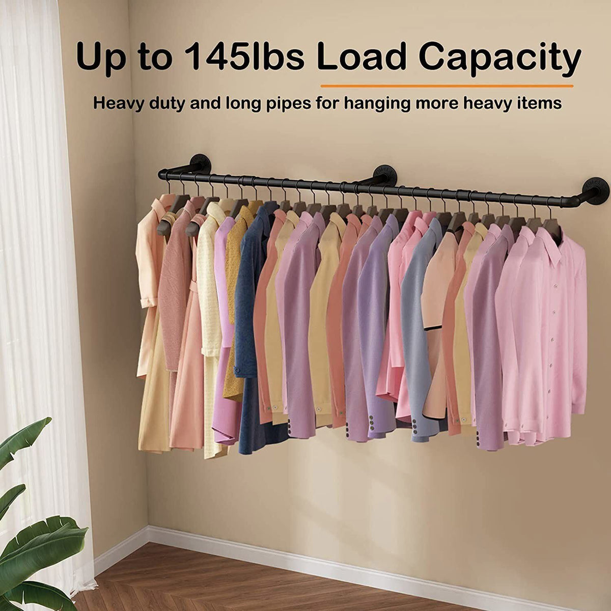 180cm Industrial Wall-Mounted Garment Rail with 3 Hooks