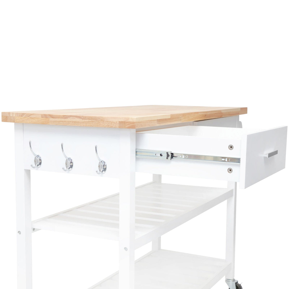 White Rolling Kitchen Island with 2 Drawers & Shelves