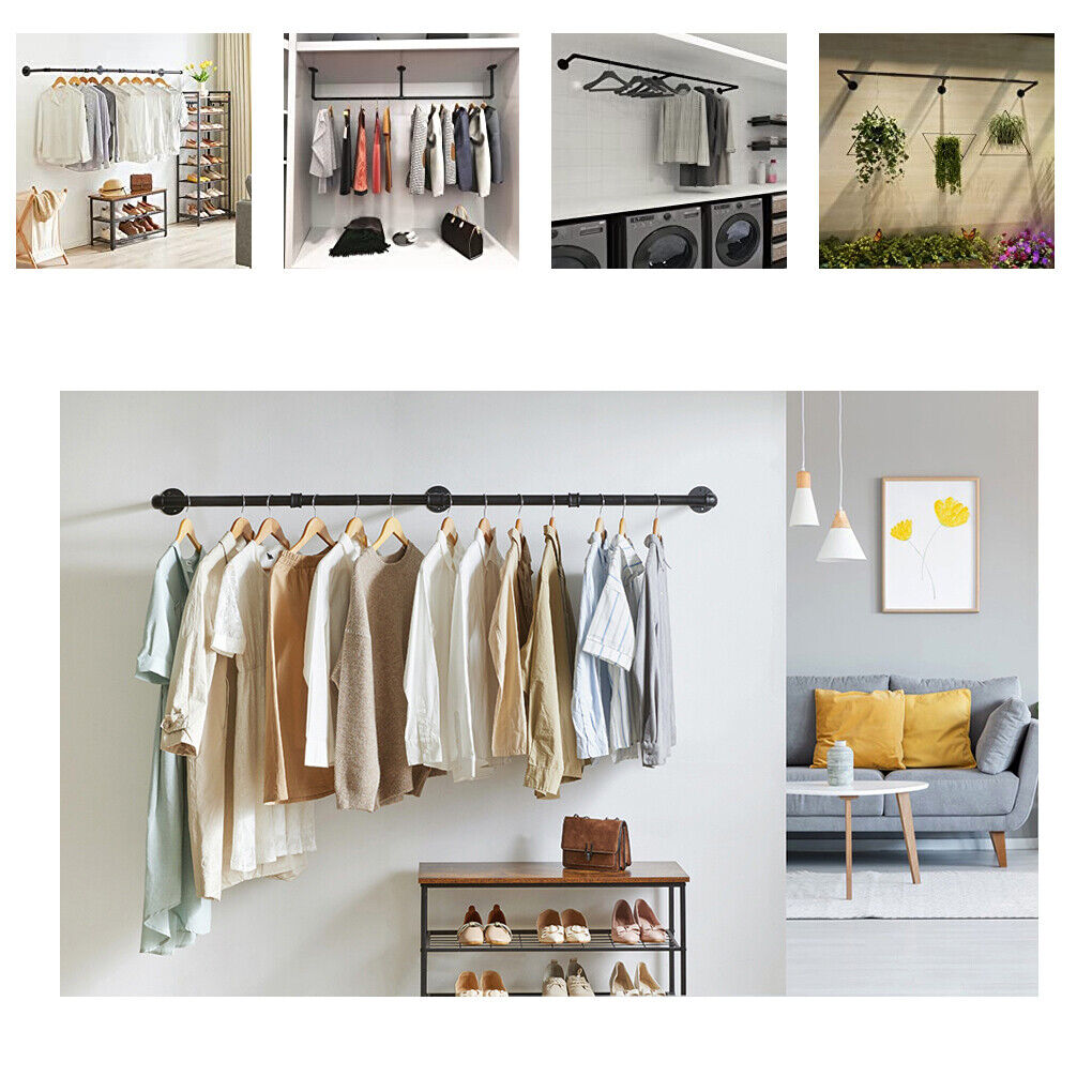 180cm Industrial Wall-Mounted Garment Rail with 3 Hooks