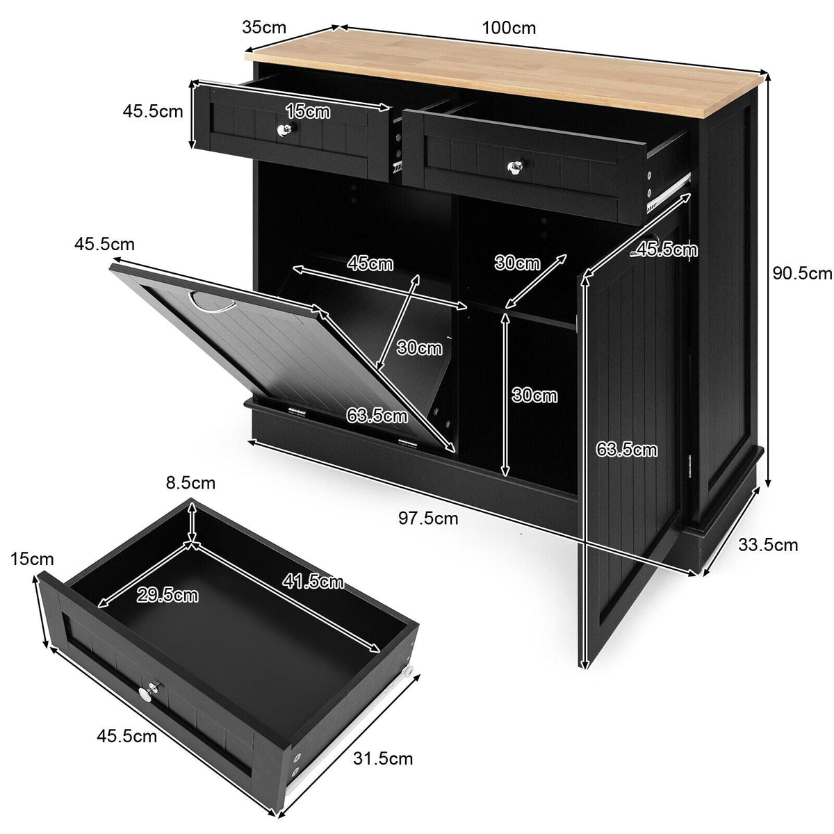 Tilt-Out Kitchen Bin Cabinet with Drawers & Rubberwood Top