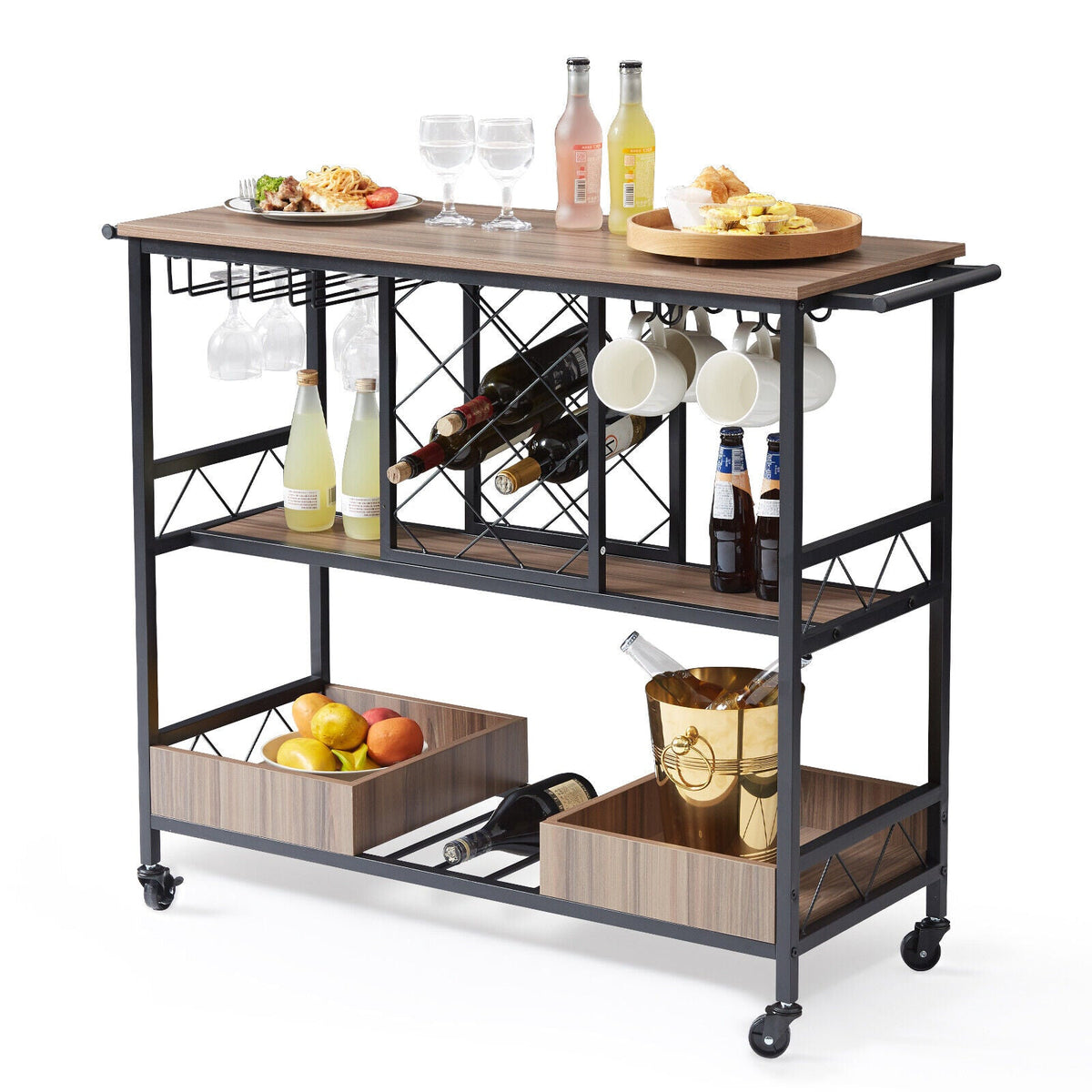 3-Tier Rolling Bar Cart with Wine & Glass Storage