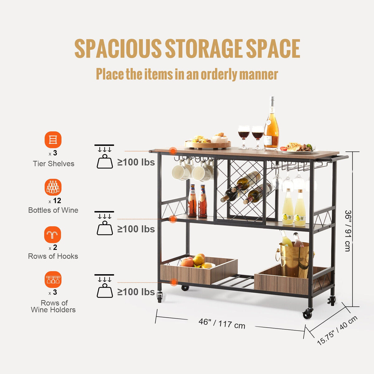 3-Tier Rolling Bar Cart with Wine & Glass Storage