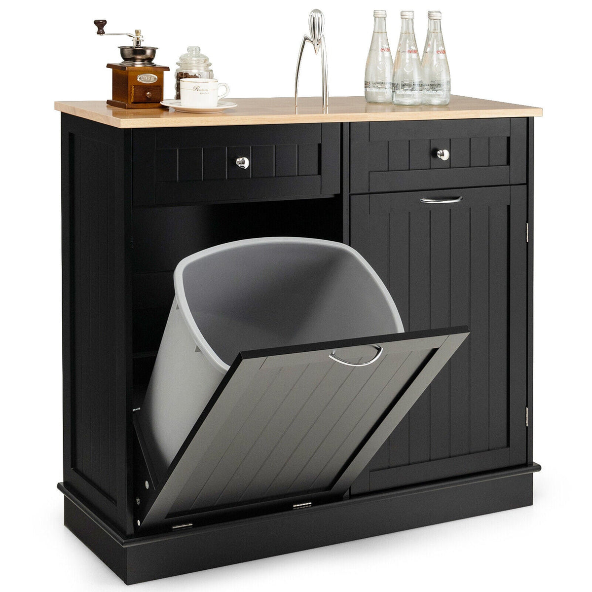 Tilt-Out Kitchen Bin Cabinet with Drawers & Rubberwood Top